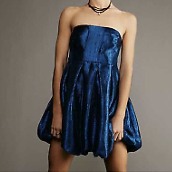FREE PEOPLE KRISTA STRAPLESS SHIMMERING BLUE SEAS MINI DRESS NWT NEW LARGE - Picture 8 of 14